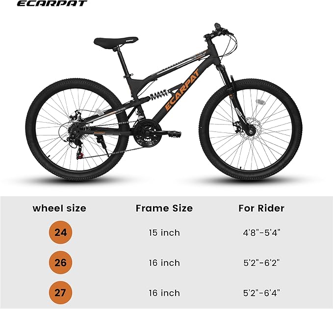 Ecarpat 24/26/27.5 Inch Mountain Bike, Dual/Front Suspension Mens Mountain Bike with 21 Speeds High-Carbon Steel Frame and Disc/V Brakes, Adult Sport Bicycle for Trail Snow Commuter City Road