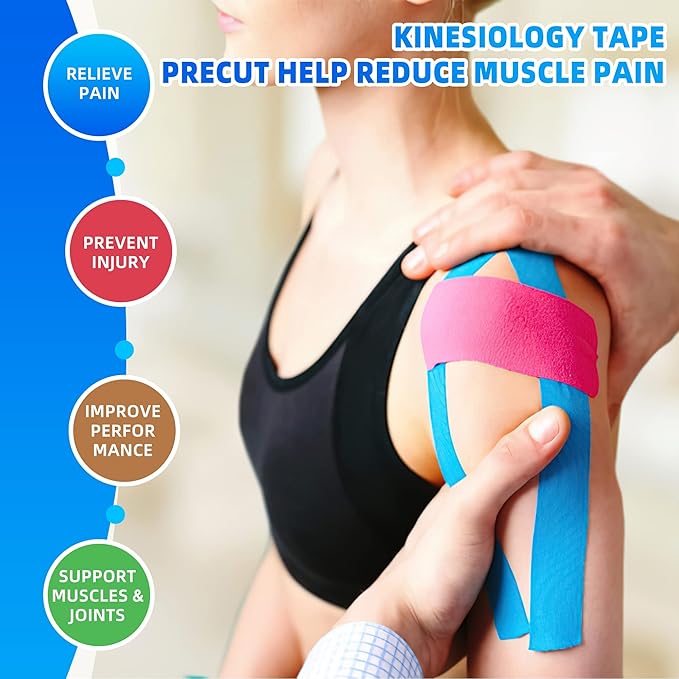 Kinesiology Tape Precut (40 Count, 10") | Latex-Free Knee Tape for Sports | K Tape Strips Ideal for Knee, Shoulder, and Elbow Support (Sky Blue + Pink)