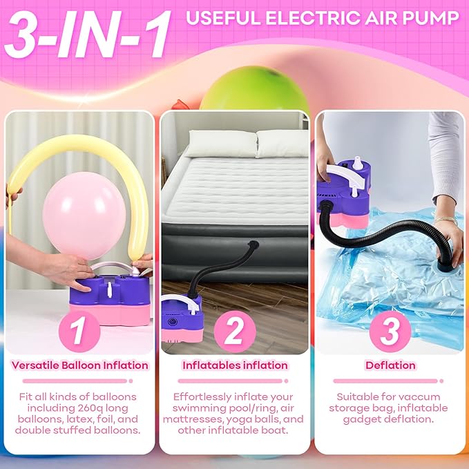 3-in-1 Electric Balloon Pump, Portable Electric Air Pump for All Balloons Inflatables Dual Nozzle Balloon Blower Machine for Latex 260q Foil Balloons 110V AC Inflator Deflator for Inflatable Pool Bed