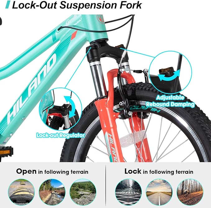 HILAND 20 26 27.5 Inch Mountain Bike for Women Girl, 7/21 Speed with Lock-Out Suspension Fork, Aluminum Frame MTB, Adult Ladies Womens Bike Mens Bicycle