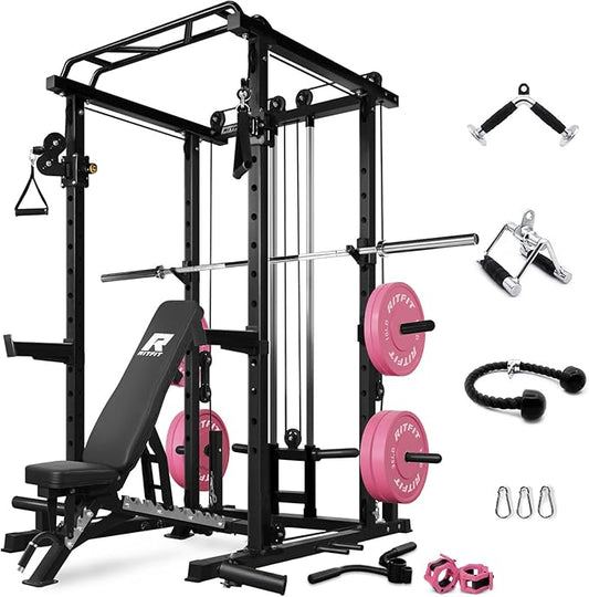 RitFit Multi-Function Squat Rack Power Cage PPC03 with Cable Crossover System, 1000LBS Capacity Power Rack and Packages with Optional Weight Bench, Barbell Weight Set, for Garage Workout & Home Gym
