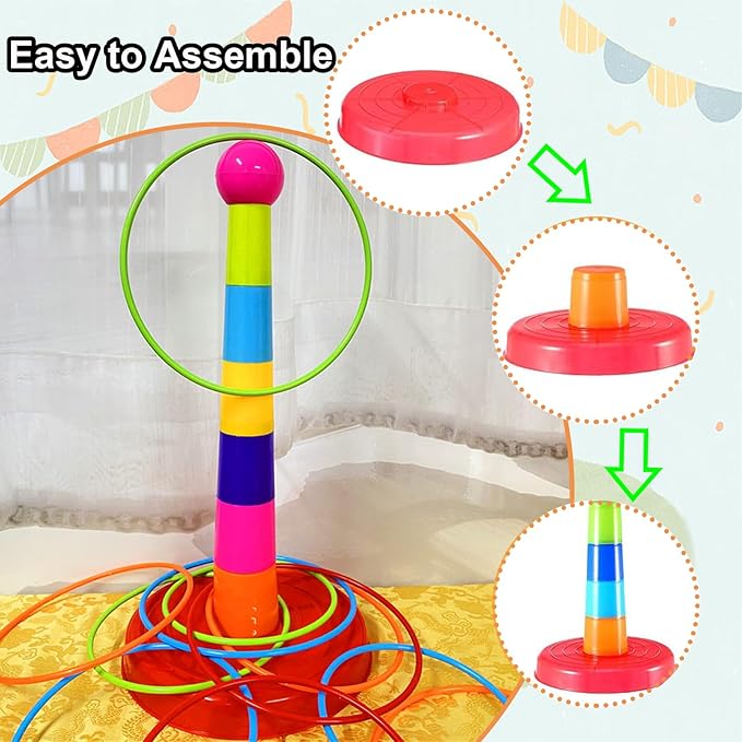 Colorful Plastic Sport Ring Toss Game Set for Kids,1 Colorful Columns+24 Rings+12 Bean Bags,Outside Toys Carnival Ring Circle Game,Outdoor Kids Sports Educational Toys