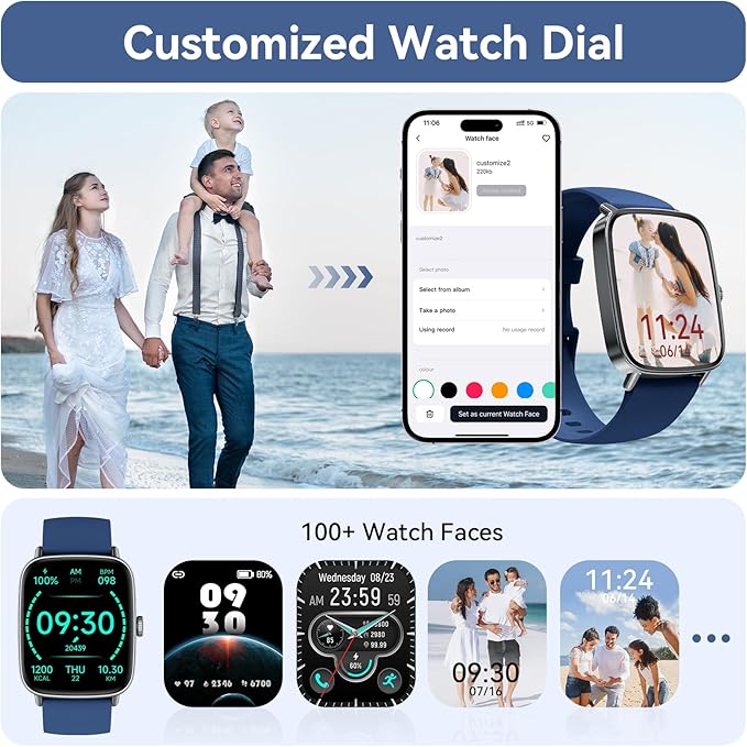 Smart Watch for Women/Men Android & iPhone, 1.85" Touch Screen Fitness Tracker with Answer/Make Call, IP68 Waterproof 24/7 Health/Sleep Monitor, Pedometer, 100+ Sport Modes (2 Bands), Dark Blue