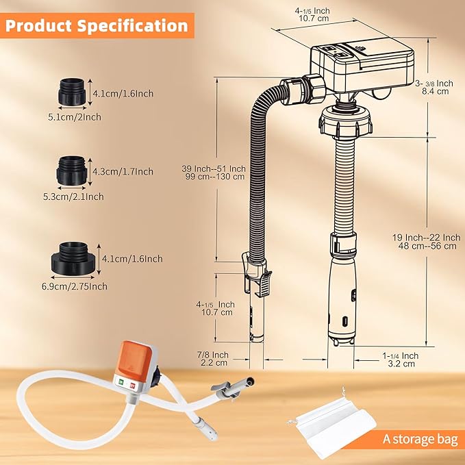 Battery-Powered Fuel Transfer Pump - No Spill Portable Siphon with 3 Adapters & Auto Shut-Off for Gas/Diesel/Kerosene/Water (3.2GPM Flow, 51" Hose) (Orange)