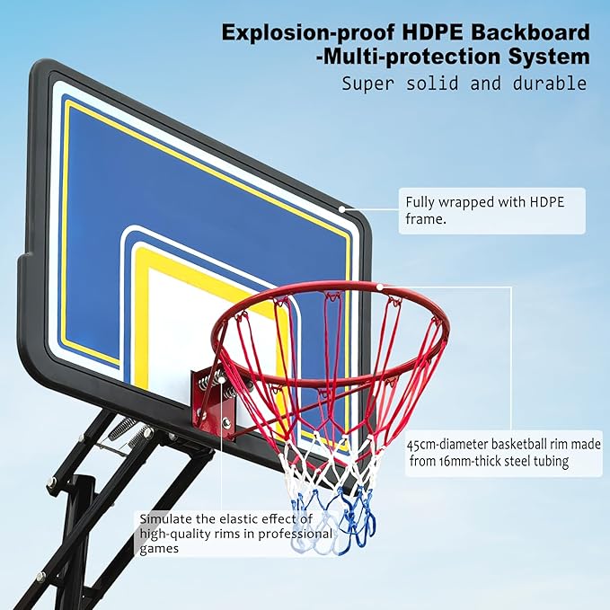 Basketball Hoop Outdoor 8.04-10FT Height Adjustable, Portable Basketball Goal with 44 Inch Shatterproof Backboard, Heavy-Duty Base & Wheels for Youth,Teens,Adults in Backyard,Driveway,Indoor