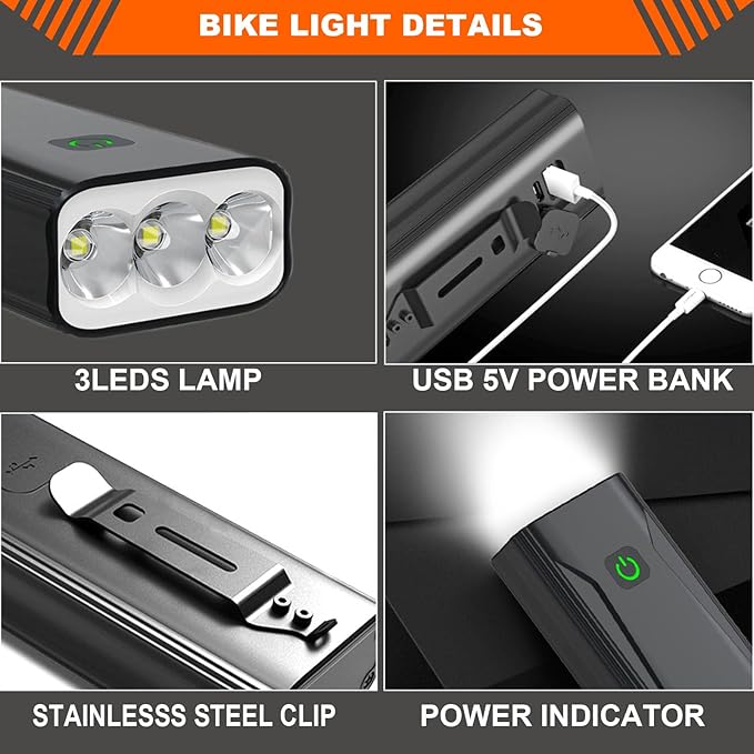 Bike Lights for Night Riding USB Bike Light Set, Bicycle Front Headlight and Back Taillight, 3/5 Light Modes,for Road Cycling