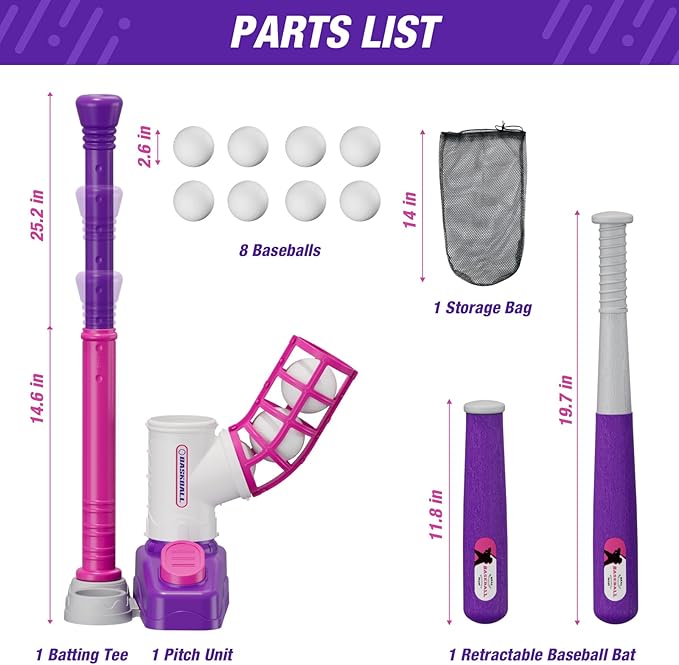 Tball Set for Toddlers 3-5, Tee Ball Set with Step on Pitching Machine/Adjustable Batting Tee/Retractable Baseball Bat/8 Pop Up Balls, Outdoor Sport Toy Games for Kids Girls
