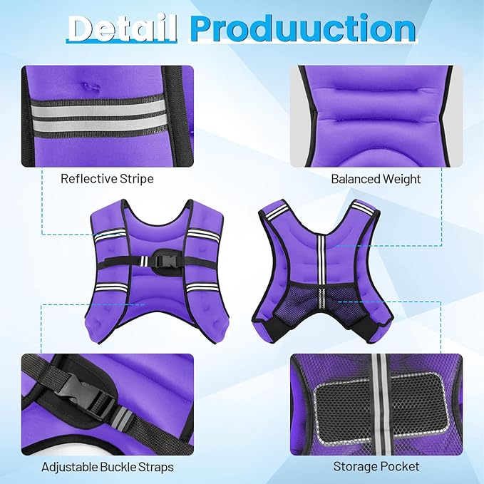 Weighted Vest, 6lb/8lb/12lb/16lb/20lb/30lb for Men, Women with Reflective Stripe, Weight Vests Adjustable for Workout, Strength Training, Running, Fitness, Muscle Building, Weight Loss