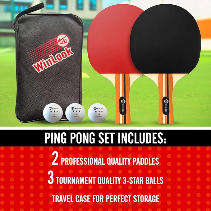 JP WinLook Ping Pong Paddles Sets - Portable Table Tennis Paddle Set with Ping Pong Paddles Professional Case & Ping Pong Balls - Premium Table Tennis Racket Player Set for Indoor & Outdoor Games