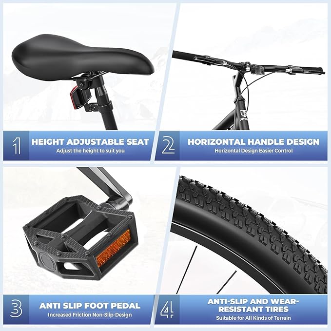 26" Mountain Bike - 1/7-Speed Lightweight High-Carbon Steel Frame, V Brakes & Front Suspension - Adjustable Ergonomic Seat for Men & Women(Quick Assembly, Multiple Colors)