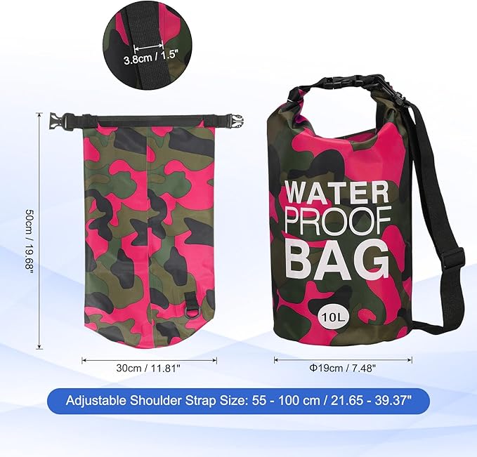Waterproof Dry Bag, 10L Fit for Women Men Water Proof Bags Lightweight Dry Storage Floating Backpack with Whistle for Travel Boating Kayaking (Rose Red Camouflage)