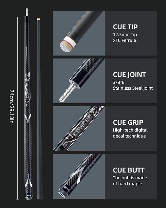 CRICAL Carbon Fiber Pool Cue COWCUE Series Low Deflection Billiards Cue Stick 58" Professional Pool Table Sticks for Adults -12.5mm Tip, Weight 19OZ (Adjustable), 3/8 * 8 Joint