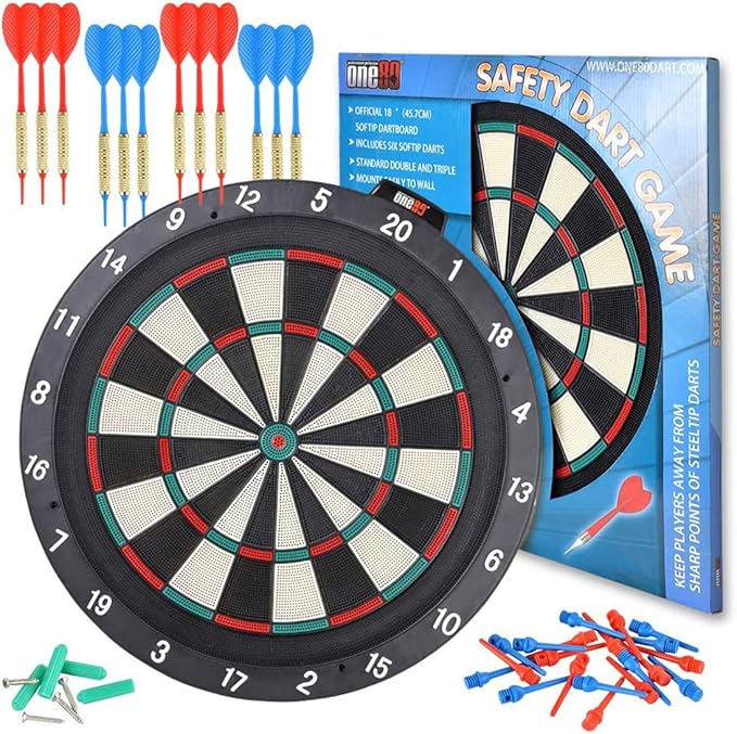 Dartboard 18' Plastic Board with 12 Soft Tip Darts, 20 Extra Tips, Mounting Kit