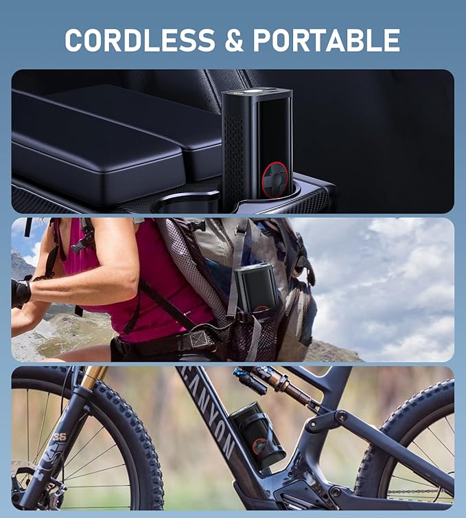 Tire Inflator Portable Air Compressor, 150PSI Cordless Air Pump for Car Tires, Electric Bike Tire Pump with Pressure Gauge, Auto Shut Off, LED Light for Car Motorcycle Bicycle Ball