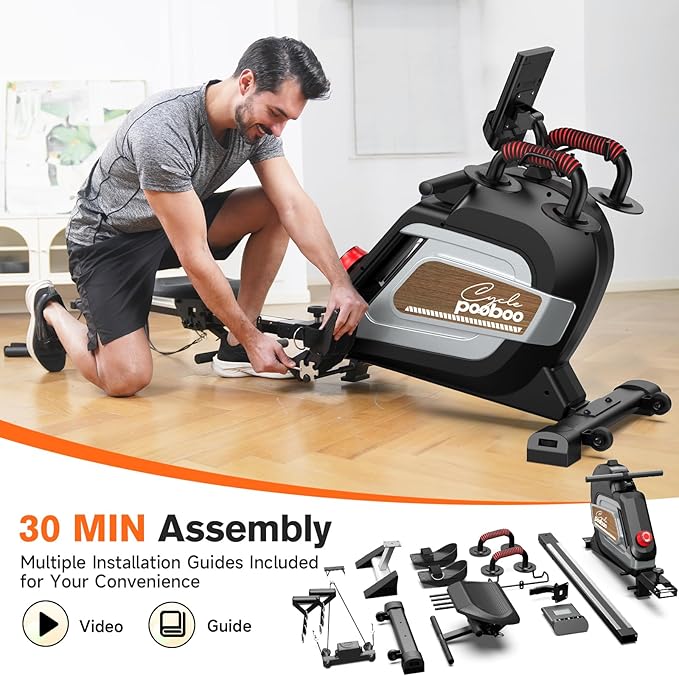 Pooboo Magnetic Rowing Machine 360 LB Weight Capacity, folding rower with Combination Strength exercise, Tablet Holder and Comfortable Seat Cushion, Rower for Home Use