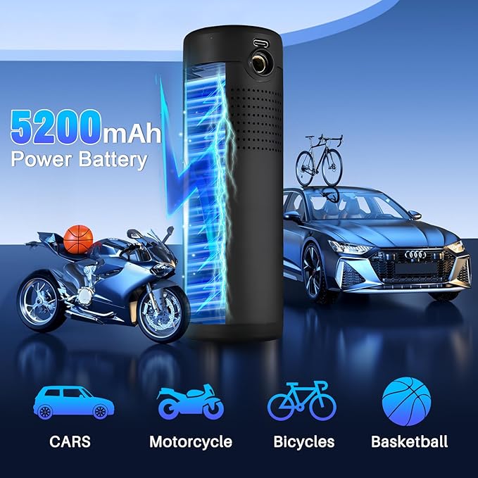 Tire Inflator Portable Air Compressor, 6X Cordless Air Pump for Car Tires with Pressure Gauge, Battery Power Bike Tire Pump, 150PSI Portable Tire Inflator for Car, Motorcycle, Bicycle, Ball