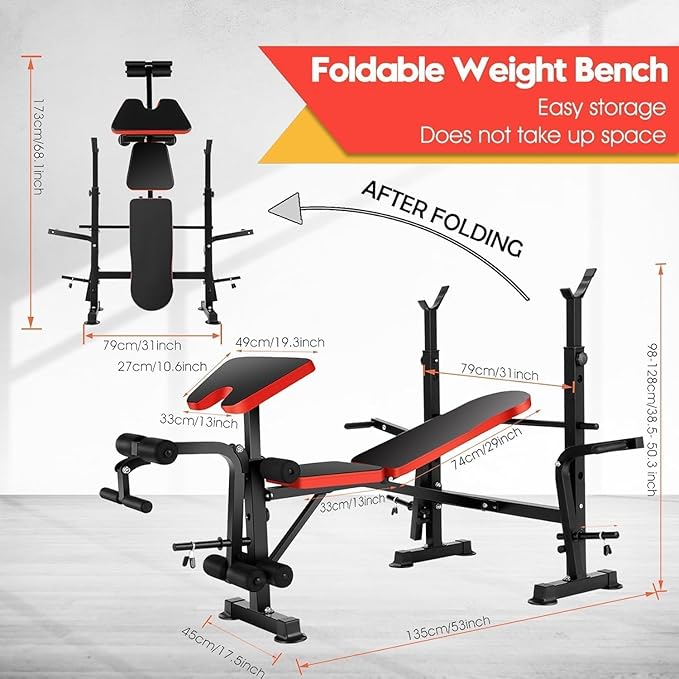 660lbs Weight Bench Set With Squat Rack, 6 in 1 Bench Press Set with Preacher Curl Pad, Weight Benches for Home Gym With Leg Extension, Foldable Incline Decline Workout Bench (Yellow)