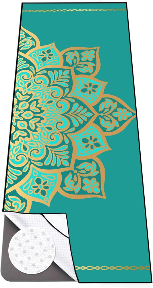 Colorful Star Yoga Towel with Corner Pockets, Non Slip Grip Dots Sweat Absorbent Hot Yoga Mat Towels, Yoga Blankets with Travel Bag, Mat Cover for Workout, Gym, Fitness - 70"x26", Turquoise Mandala