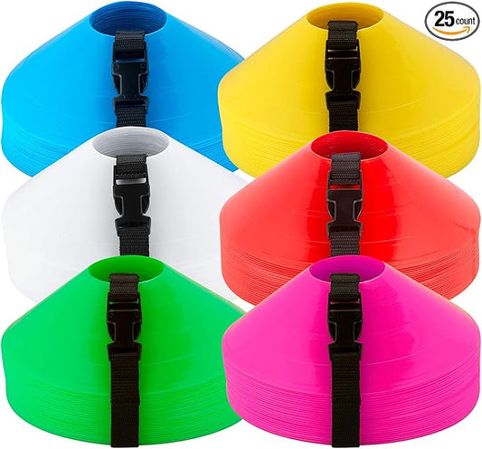 American Challenge Disc Cones – Set of 25 Agility Cones for Sports Training – 2" Tall, 7" Base Soccer Cones with Carry Strap for Drills & Practice