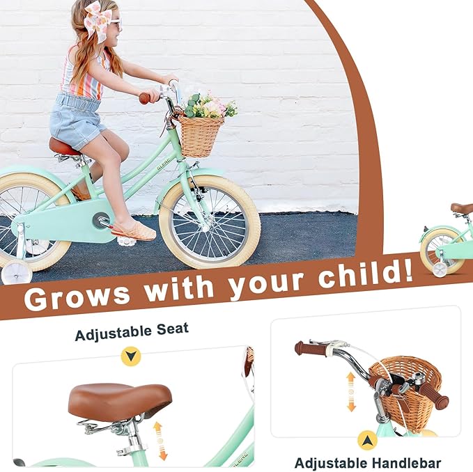 Glerc Little Molly 12-20 Inch Kids Retro Cruiser Bike for 2-13 Year Old with Wicker Basket & Training Wheels/Kickstand, Multiple Colors