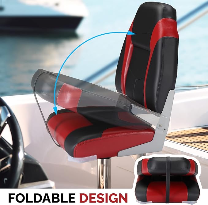PEXMOR Boat Seats Low/High Back, Folding Boat Seat Included, Fold-Down Fishing Boat Seats Waterproof Captain Boat Seat w/Aluminum Hinges & Thick Soft Cushion, 2 Packs (High Back-Red & Black)