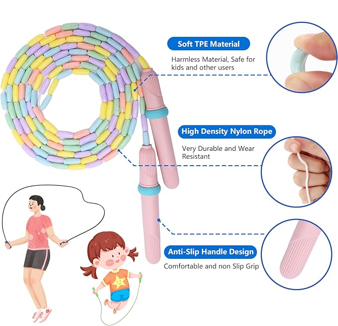 Beaded Jump Rope 1 Pack/2 Pack, ACEONE Segmented Skipping Rope for Kids Adults, Adjustable Tangle-Free Toddler Jumping Rope for Fitness Exercise Training