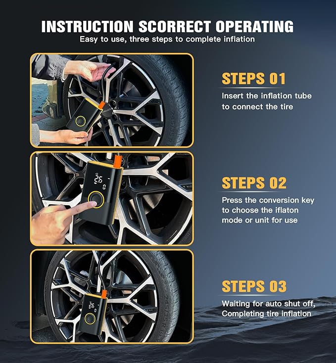 Tire Inflator Portable Air Compressor Portable Cordless Mini Air Pump with Digital Pressure Gauge Inflater 150PSI Fast Inflation and Auto Shutoff Function Tires Pump for Cars Motorcycles Bikes(Yellow)