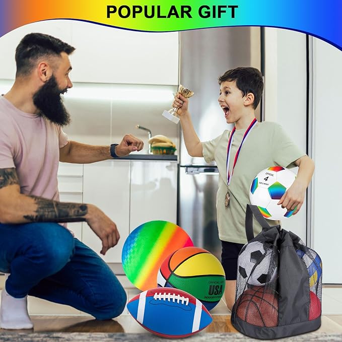 Deekin 4 Pcs Sport Balls Set for Kids Teens, Include Official Size 5 Basketball 4 Soccer 6 Football Playground Ball and Pump Sports Equipment Bag Recess Equipment Sport for Students(Rainbow Color)