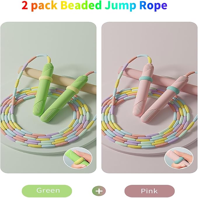 Beaded Jump Rope 1 Pack/2 Pack, ACEONE Segmented Skipping Rope for Kids Adults, Adjustable Tangle-Free Toddler Jumping Rope for Fitness Exercise Training