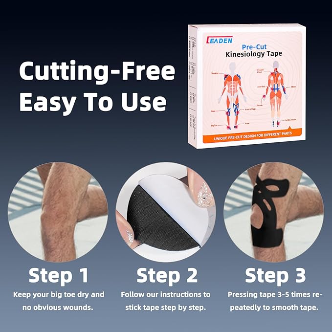 IEADEN Precut Kinesiology Tape for Knees, 20 Pcs - Knee Support & Stability, Knee Pain Relief Athletic Tape - Waterproof & Elastic, Breathable Hypoallergenic Latex-Free Tape, Black