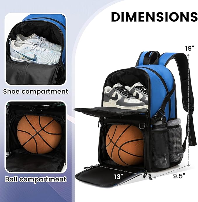 Basketball Bag Backpack with Ball Holder and Shoes Compartment,Best for Basketball, Soccer, Volleyball, Gym. (BLUE)