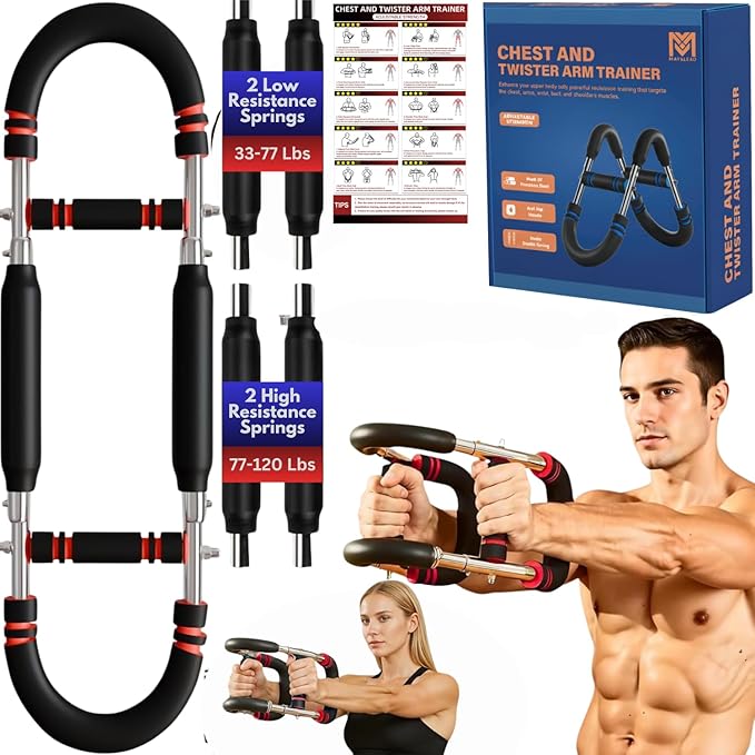 Twister Arm Trainer for Men and Women, 33 - 120lb Adjustable Chest Workout Equipment Power Twister with 4 Springs & Training Poster for Home Fitness, Forearm Strength Training and Upper Body Exercise