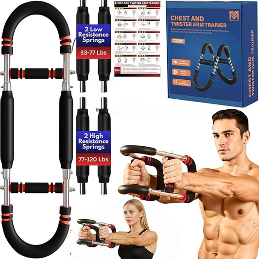 Twister Arm Trainer for Men and Women, 33 - 120lb Adjustable Chest Workout Equipment Power Twister with 4 Springs & Training Poster for Home Fitness, Forearm Strength Training and Upper Body Exercise