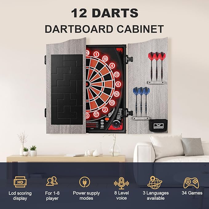 Lieutenant General Electronic Dartboard Cabinet,18 Puzzle Cabinet,Electronic Dartboard for Adult,34 Games 355 Variations with 12 Soft Tip Darts,Dartboard Cabinet for Game Rooms (Orange)
