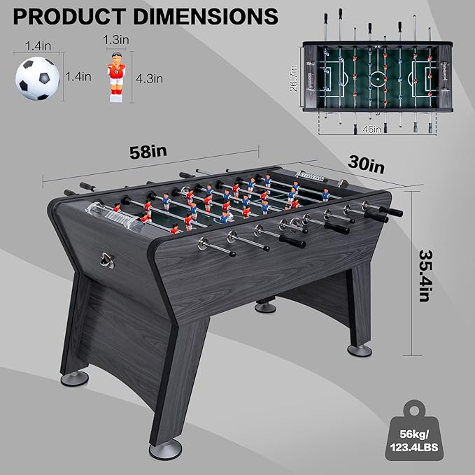 58" Foosball Table, Competition Sized Soccer Table Game, Heavy Duty Arcade Game Table with 2 Balls for Adult, Kids, Home, Indoor Game Room Sport (Wood Grain)