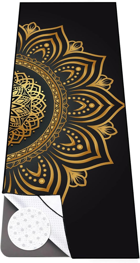 Colorful Star Large Yoga Towel with Corner Pockets, Non Slip Grip Dots Sweat Absorbent Hot Yoga Mat Towels, Yoga Blankets with Travel Bag, Mat Cover for Workout, Gym, Fitness - 74"x26", Gold Mandala