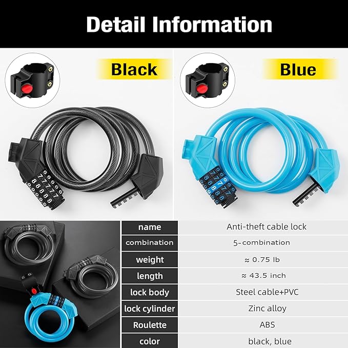 Bike Lock with Mounting Bracket, 4-Feet Bike Cable Basic Self Coiling 5-Digit Resettable Combination Cable Bike Locks, for Bicycle, Motorcycle, Scooter (Blue)