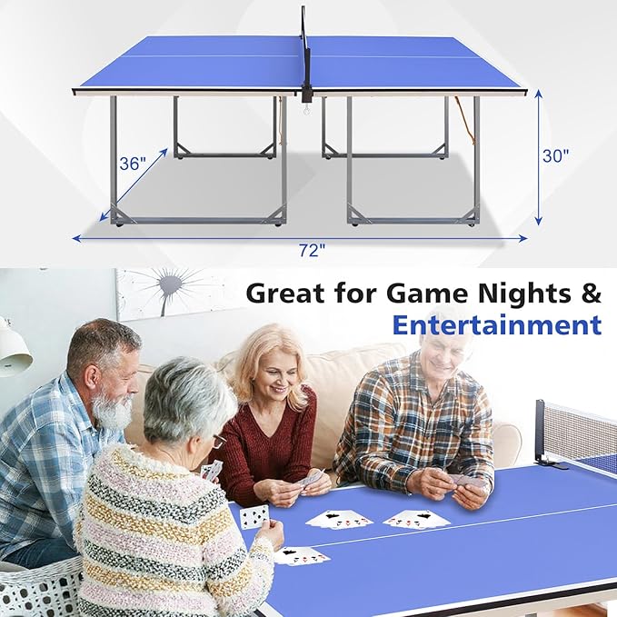 Ping Pong Table Foldable Table Tennis Table with Net, Table Tennis Paddles and Balls, 4.5FT/6FT/9FT MDF Multi-Use Family Game Table for Kid Teenager Adult, Compact & Portable