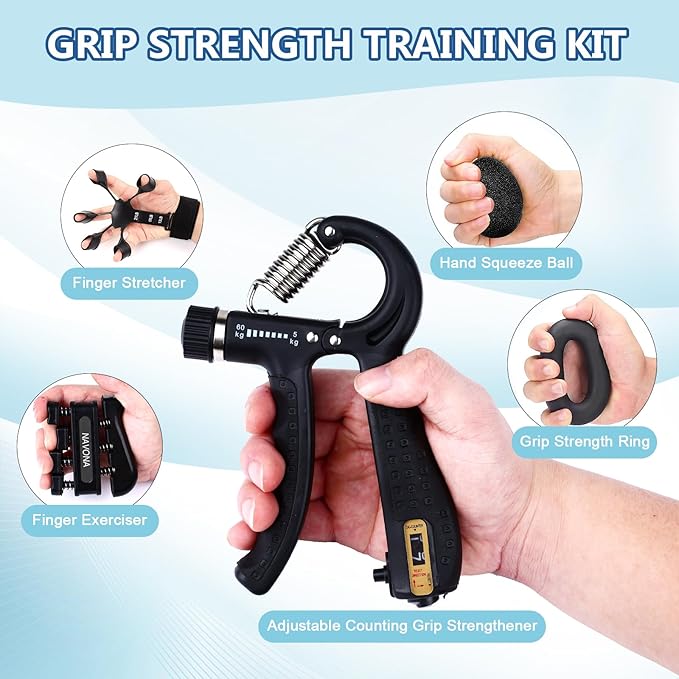 5 PCS Grip Strength Trainer Kit, Hand Gripper Strengthener, Forearm Strengthener, Finger Strengthener, Finger Exerciser, Stress Relief Ball, Forearm Workout Ring for Muscle Building and Injury Recover