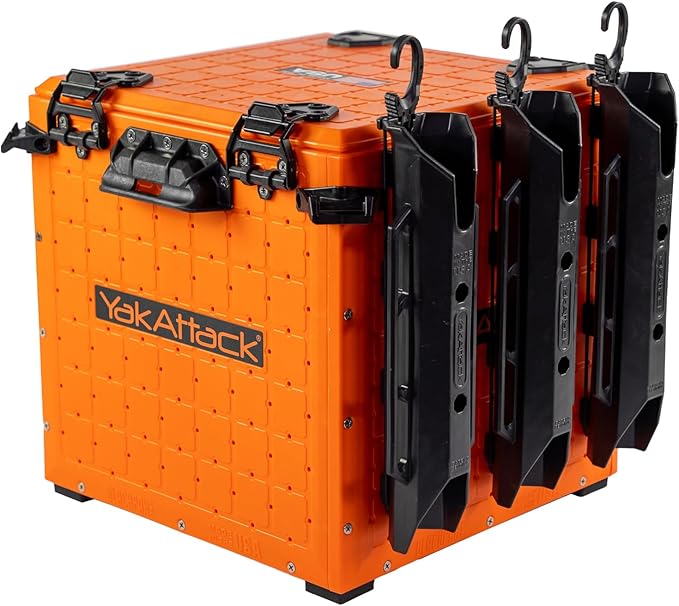 YakAttack BlackPak Pro 13" x 13" Fishing Crate with 3 Rod Holders - Orange | Compact Tackle Storage Box & Gear Organizer for Kayaks | Lightweight, Durable & Customizable Marine Accessory | Made in USA