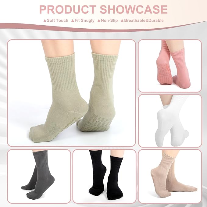Ivyhouse Pilates Yoga Socks with Grips for Women - Crew Length Ballet Barre Socks - Sticky Workout Hospital Socks