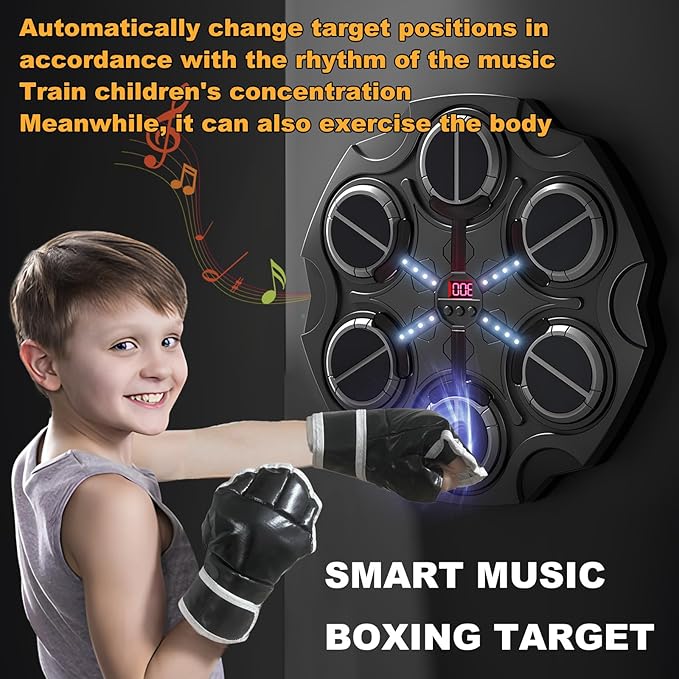 Music Boxing Machine- Smart Bluetooth Wall Mounted Boxing Training Equipment for Children, Electronic Boxing Target for Kids, Includes Gloves, Great Boxing Gift for Boys Girls (Black)