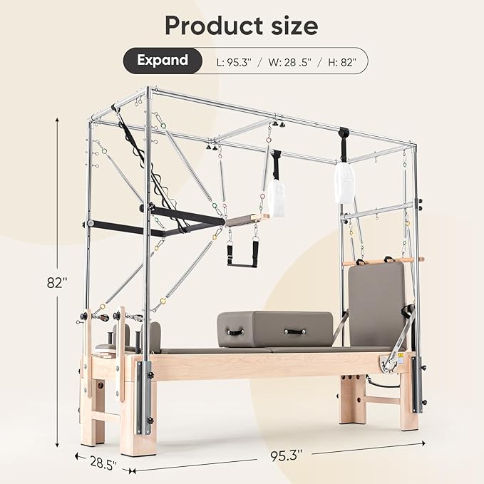 Pilates Reformer with Half Trapeze – Maple Wood Frame, Adjustable Resistance & Half Trapeze for Home Gym, Core Strength, Flexibility & Full-Body Workouts, Mocha