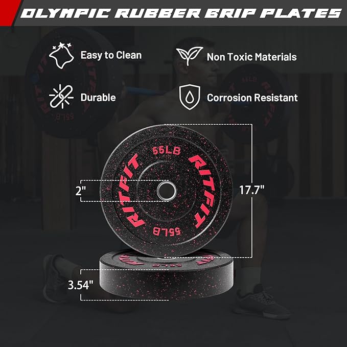 RitFit Barbell Weight Set - 4/6FT Olympic Barbell with Weight Plates (55-275LB Total) - Weightlifting Equipment for Squats, Curls, Deadlifts, Presses, Hip Thrusts