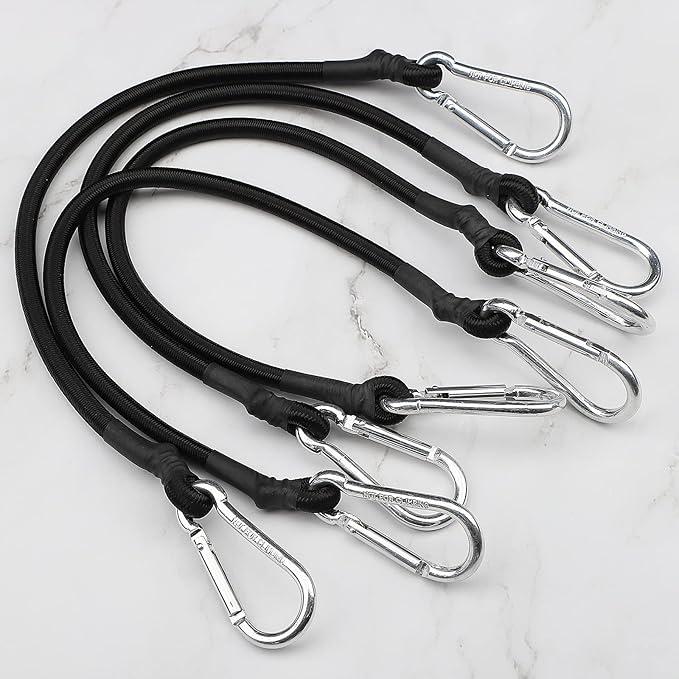 ZHOUBIN 18 Inch Black Bungee Cords with Carabiner Hooks, 4Pcs