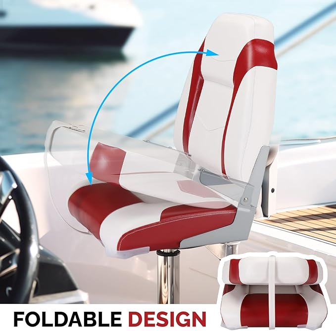 PEXMOR Boat Seats Low/High Back, Folding Boat Seat Included, Fold-Down Fishing Boat Seats Waterproof Captain Boat Seat w/Aluminum Hinges & Thick Soft Cushion, 2 Packs (High Back-Red & White)