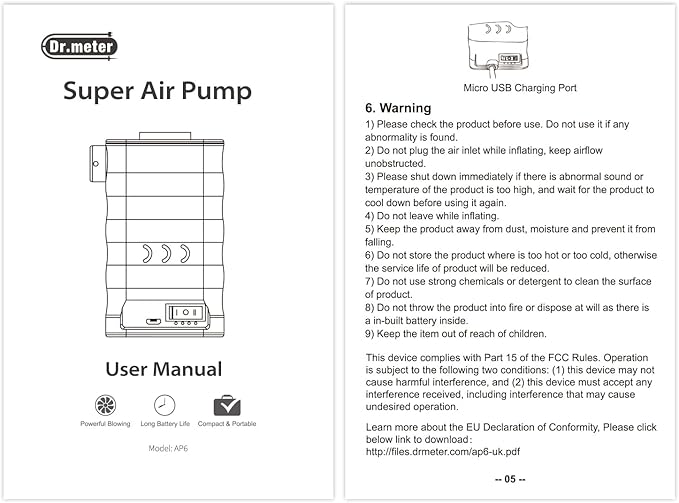 Dr.meter Air Mattress Pump, Rechargeable 6000mAh Portable Air Pump, Quick-Fill Electric Air Inflator Deflator for Outdoor Camping Inflatable Bed Pool Boat Float Raft Swimming Rings Vacuum Bag
