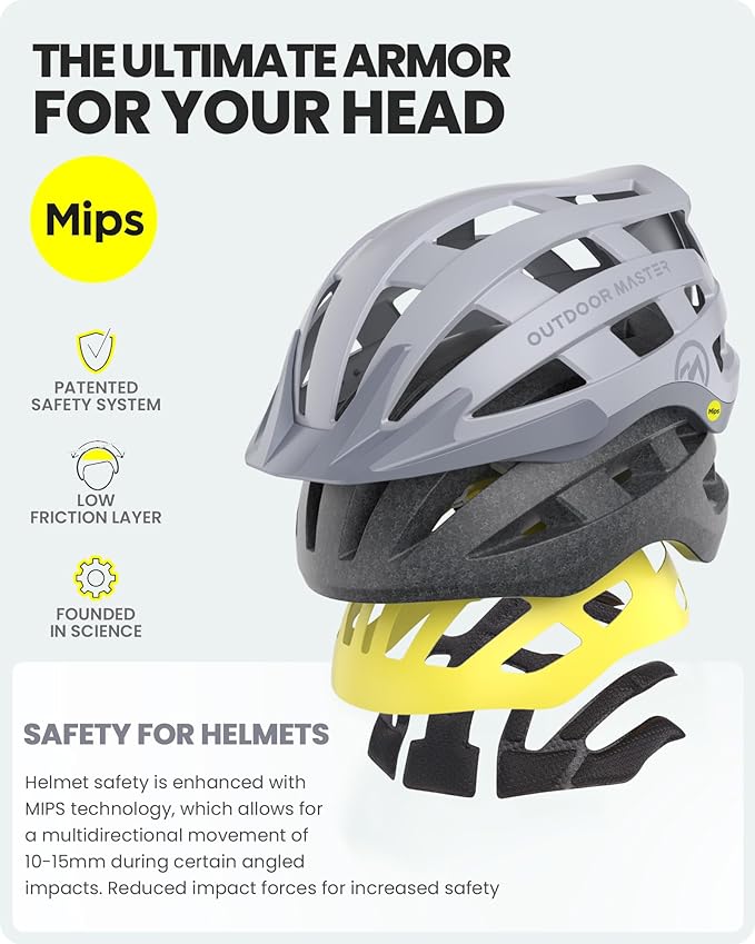 OutdoorMaster Gem II MIPS Bike Helmet with Light - Lightweight Cycling Helmet,Mountain Road Bicycle Helmet for Youth & Adult