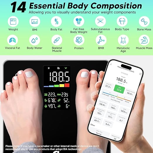 Arboleaf Smart Scale with BMI, Body Fat, Muscle Mass, Digital Bathroom Scale for Body Weight, 14 Body Composition Metrics, Large LED Display, Accurate Weighing Machine, App Sync, 400lbs, 11"