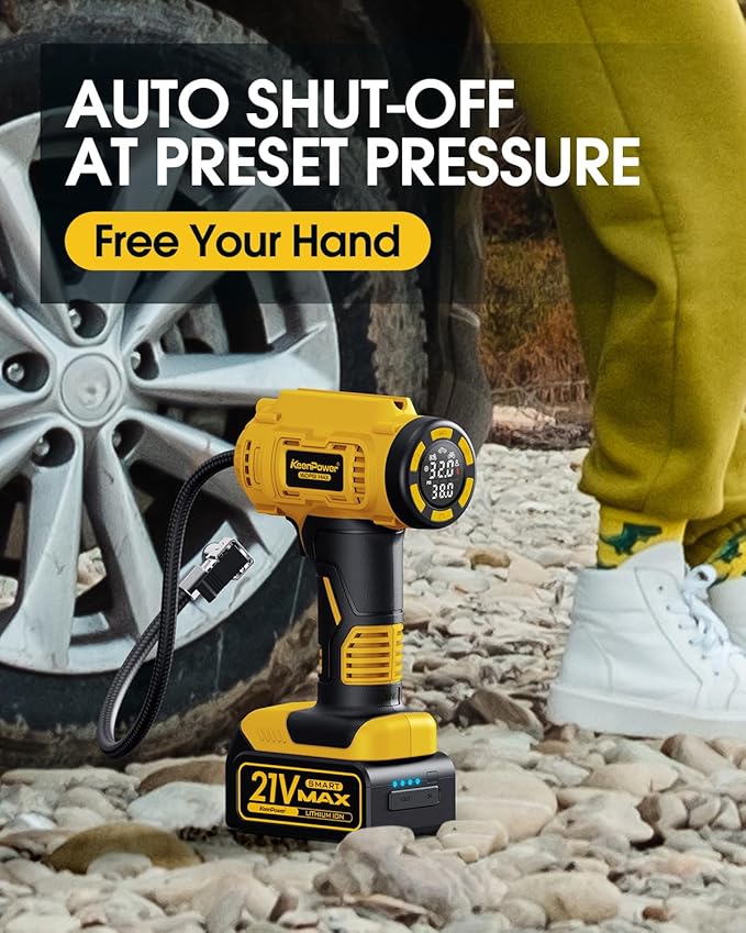 Cordless Tire Inflator Portable Air Compressor, 160PSI Car Tire Air Pump, 21V Rechargeable Battery Powered Air Compressor, Dual Power, Larger HD Digital Gauge w/4+N Smart Modes (Yellow)